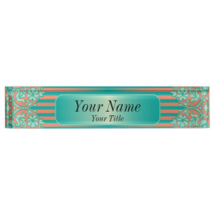 Porte-nom Pour Bureau Motif de damassé en Teal et texte du corail  