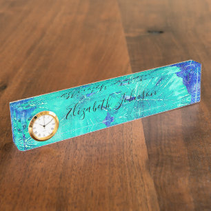 Porte-nom Pour Bureau Motif de feuille bleue tropicale