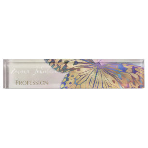 Porte-nom Pour Bureau Motif de papillon bleu violet or