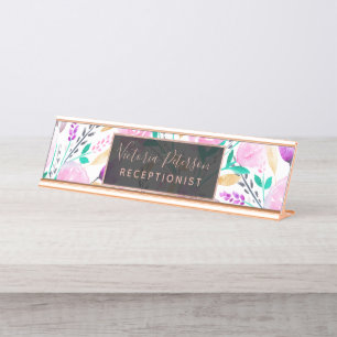 Porte-nom Pour Bureau Motif floral d'aquarelle rose moderne de turquoise