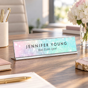 Porte-nom Pour Bureau Motif pastel pailleté bokeh féerique coloré