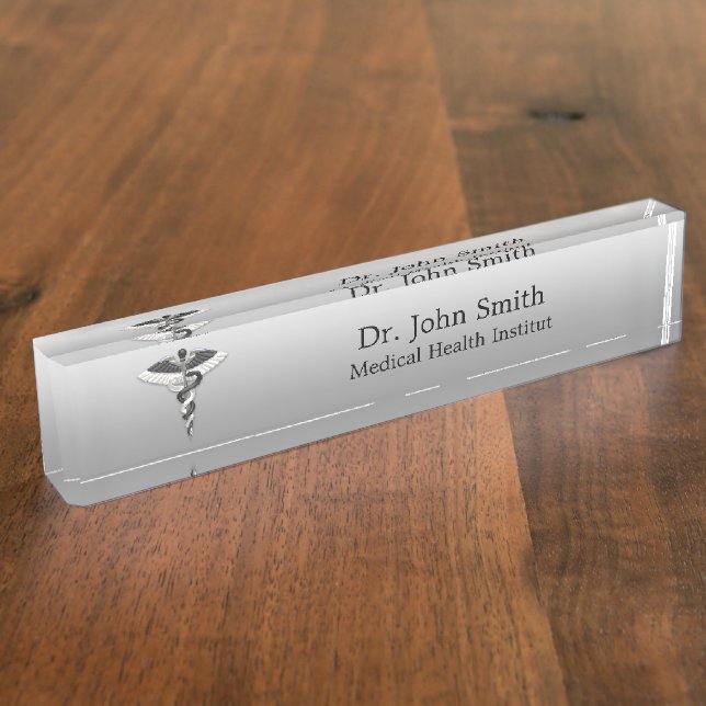 Porte-nom Pour Bureau Noble Médicale Élégant Noir Blanc Caduceus (Taille)