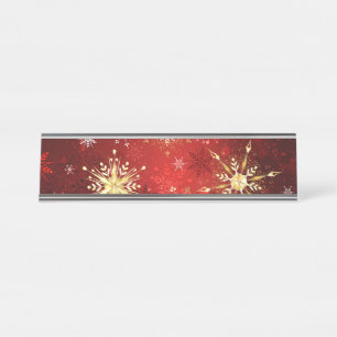 Porte-nom Pour Bureau Noël Golden Snowflakes sur Arrière - plan rouge