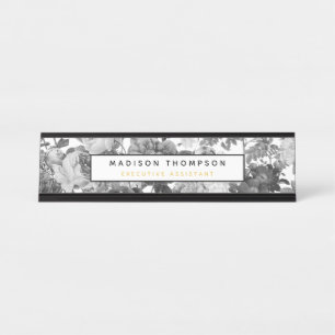 Porte-nom Pour Bureau Noir, Blanc et Or Vintage Floral Professionnel