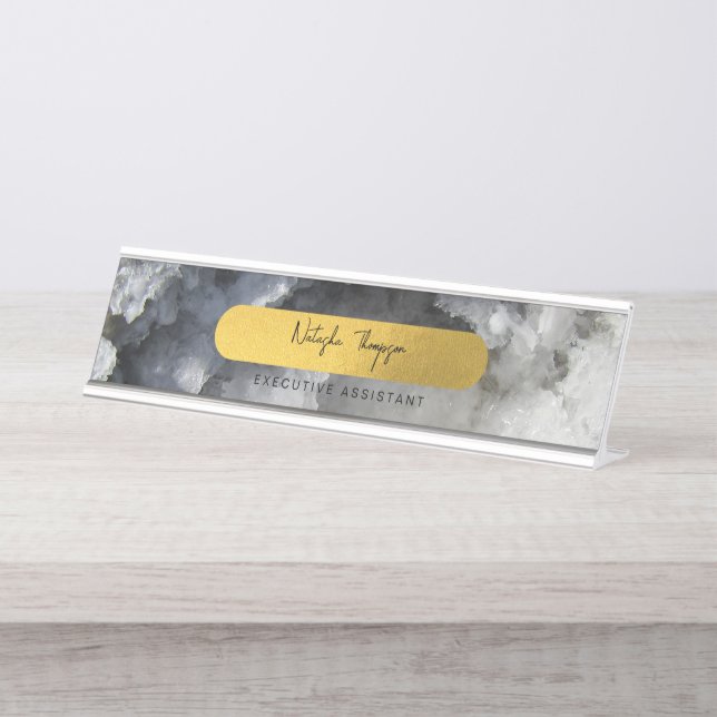 Porte-nom Pour Bureau Noir Gold Foil Crystals de mer Signature Script (Devant)