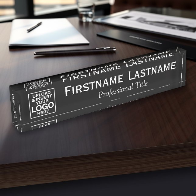 Porte-nom Pour Bureau Noir - Logo, Nom et Titre Professionnel (Personalized Name Plate - Custom Logo Executive Desk Plate with Name and Professional Title)