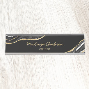 Porte-nom Pour Bureau Noir Marbre Agate Gold Parties scintillant Profess
