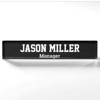 Porte-nom Pour Bureau Noir simple avec lettres blanches