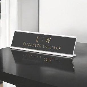 Porte-nom Pour Bureau Nom de monogramme minimaliste en or noir classique