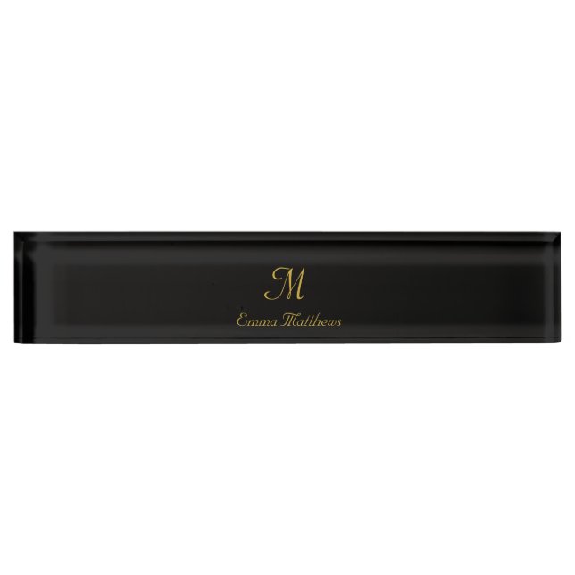Porte-nom Pour Bureau Nom de script Monogram Elegant Black & Gold (Devant)