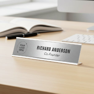 Porte-nom Pour Bureau Nom du logo de l'entreprise Moderne Texture Argent