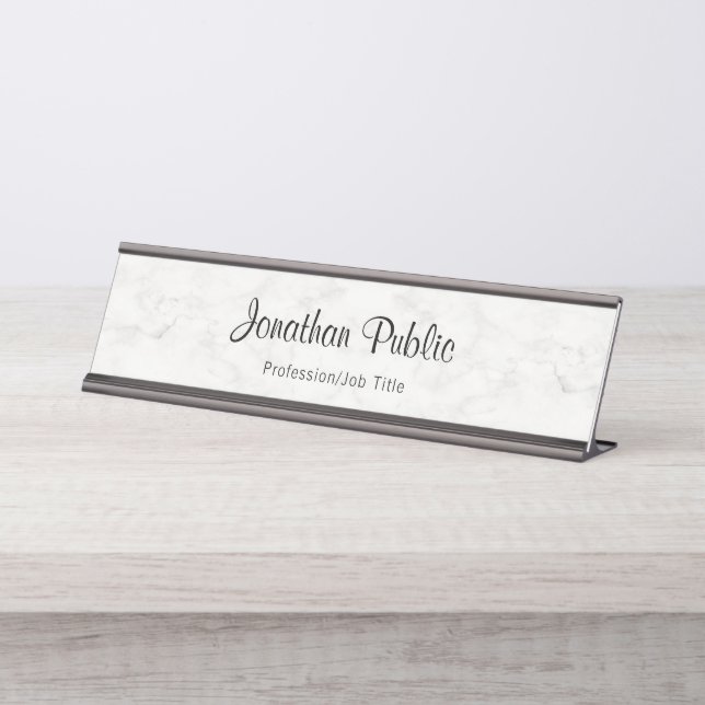 Porte-nom Pour Bureau Nom manuscrit Script Marbre blanc moderne (Devant)