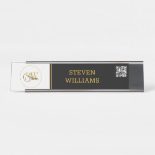 Porte-nom Pour Bureau Nom monogramme et signature moderne / code QR