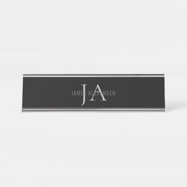 Porte-nom Pour Bureau Nom personnalisé du monogramme gris (Devant)