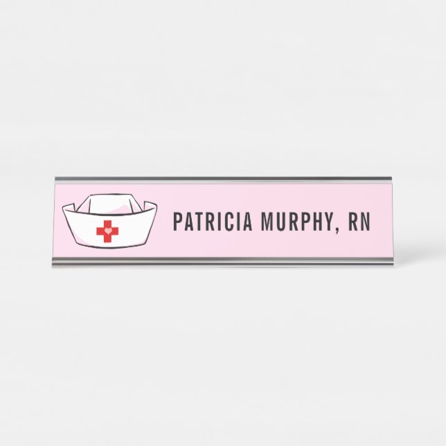 Porte-nom Pour Bureau Nurse Casquette RN Nom du monogramme Rose (Devant)