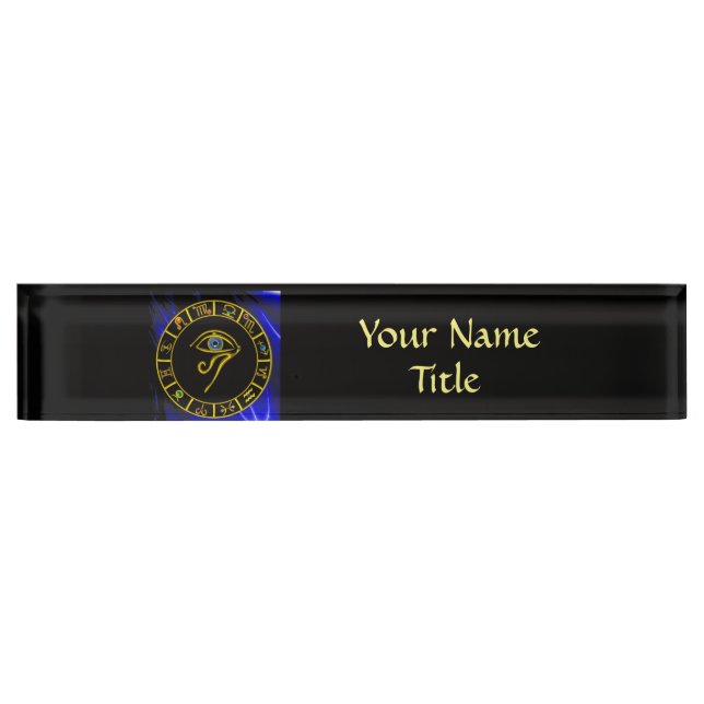 PORTE-NOM POUR BUREAU OEIL ASTRAL / SIGNES TALISMAN ET ZODIAC BLEUS (Devant)