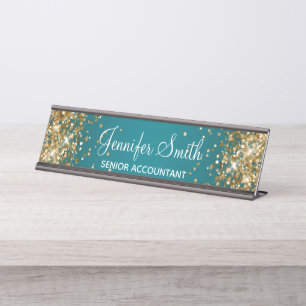Porte-nom Pour Bureau Or Parties scintillant noir turquoise dégradé