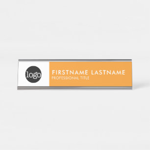 Porte-nom Pour Bureau Orange moderne et blanc - Ajouter Logo, Nom, Titre