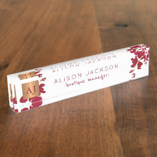 Porte-nom Pour Bureau Orchidée d'aquarelle de Bourgogne cuivre monogramm