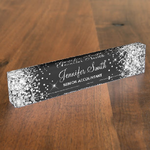 Porte-nom Pour Bureau Paillettes Argentées Fille Brillante Noire