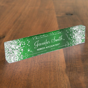 Porte-nom Pour Bureau Paillettes argentées girly fausse émeraude verte