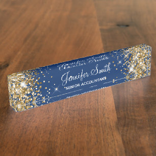 Porte-nom Pour Bureau Paillettes dorées féminines bleu marine