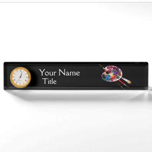 Porte-nom Pour Bureau PALETTE DE COULEURS ET BROSSES d'ARTISTE, noires