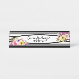 Porte-nom Pour Bureau Panneau de bureau Fleurs Florales Noir et Blanc