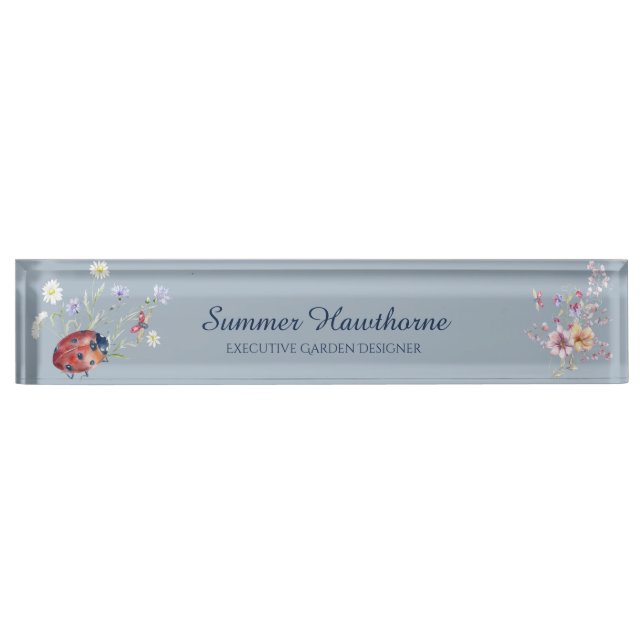 Porte-nom Pour Bureau Papillon floral Cottage botanique Coeur Dusty bleu (Devant)