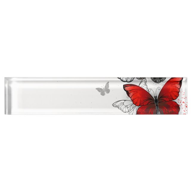 Porte-nom Pour Bureau Papillons noirs et rouges volants (Devant)