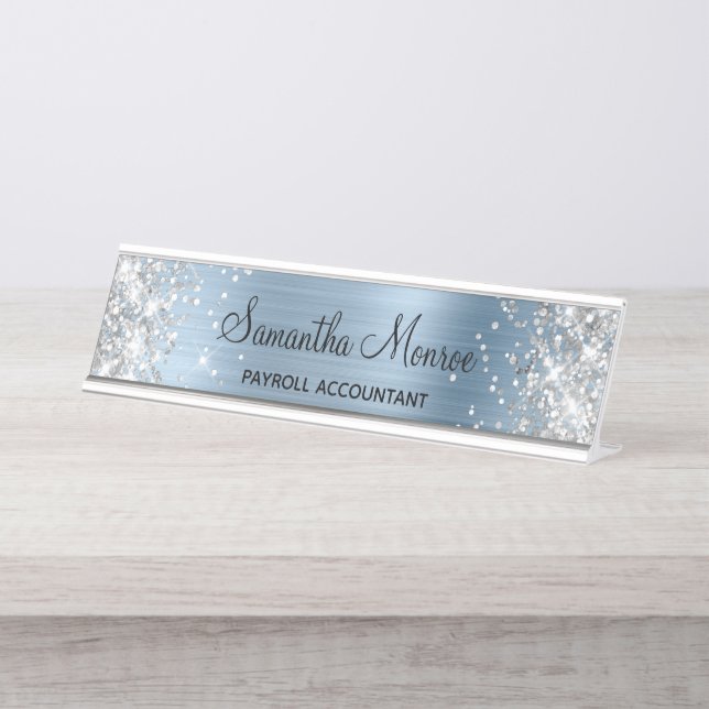 Porte-nom Pour Bureau Parties scintillant argentée bleu clair (Devant)