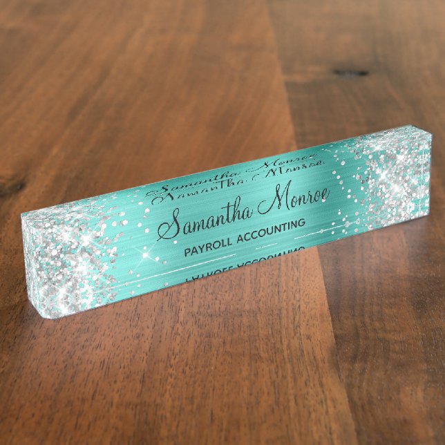 Porte-nom Pour Bureau Parties scintillant argentée Turquoise (Taille)