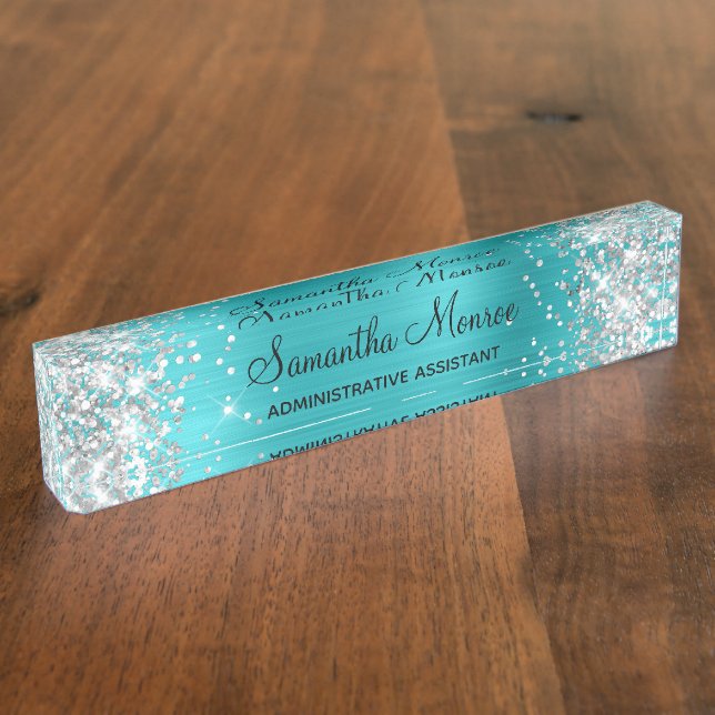 Porte-nom Pour Bureau Parties scintillant argentée Turquoise Blue Foil (Taille)