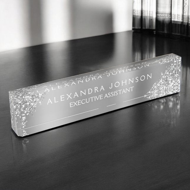 Porte-nom Pour Bureau Parties scintillant d'étincelle d'argent professio (Créateur téléchargé)