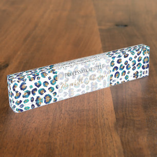 Porte-nom Pour Bureau Parties scintillant d'or bleu Motif Leopard