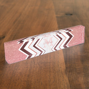 Porte-nom Pour Bureau Parties scintillant or Rose moderne Chevron Monogr