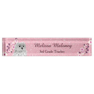 Porte-nom Pour Bureau Parties scintillant Rose Chouette Et Fleurs De Cer