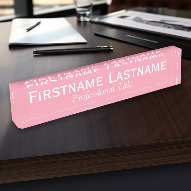 Porte-nom Pour Bureau Pastel Pink - Nom complet et titre professionnel (Personalized Name Plate - Custom Logo Executive Desk Plate with Name and Professional Title)