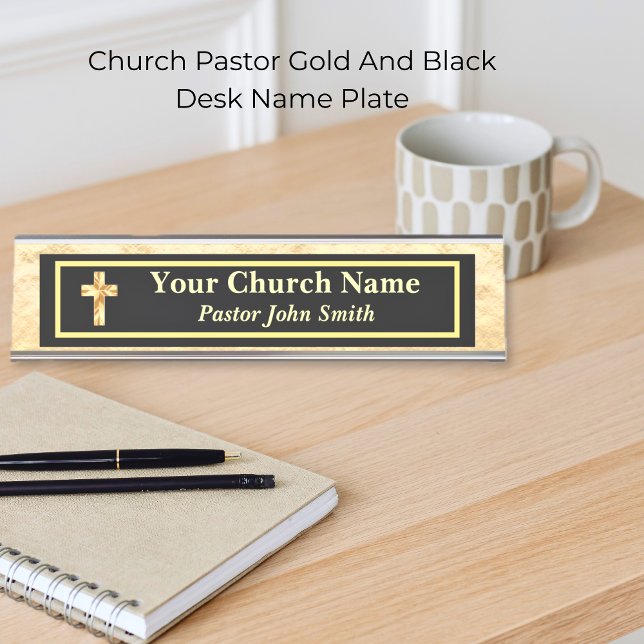 Porte-nom Pour Bureau Pasteur Eglise Or et noir (Church Pastor Gold And Black Desk Name Plate)
