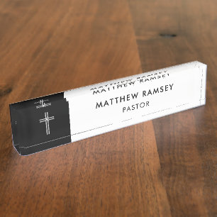 Porte-nom Pour Bureau Pastor Croix minimaliste moderne Église noire et b