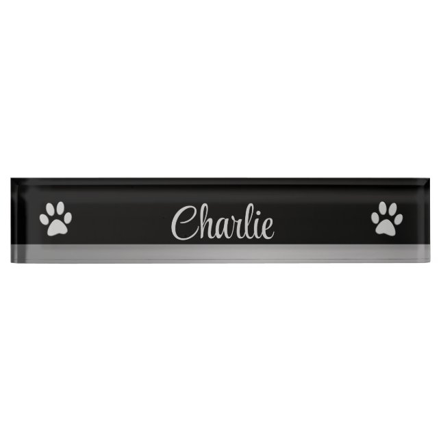 Porte-nom Pour Bureau Paw Chien Argent sur arrière - plan noir (Devant)