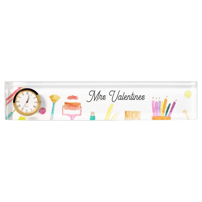 Porte-nom Pour Bureau Pencils Aquarelle Enseignant Mignonne École Modern (Devant)