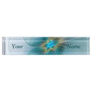 Porte-nom Pour Bureau Petite Beauté Moderne Bleu Or Fractal Art Flower