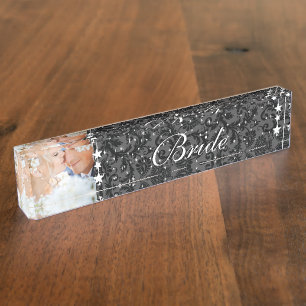 Porte-nom Pour Bureau Photo Black Damask Bride Mariage Inséparable