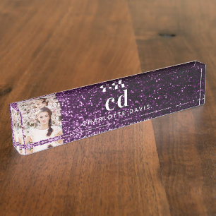 Porte-nom Pour Bureau Photo parties scintillant violet initiales monogra