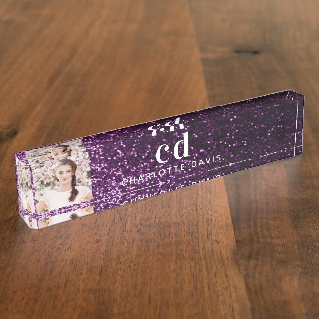 Porte-nom Pour Bureau Photo parties scintillant violet initiales monogra (Taille)