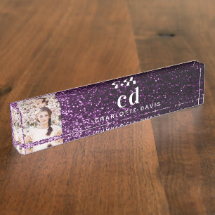 Porte-nom Pour Bureau Photo parties scintillant violet nom initial monog