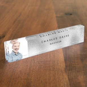 Porte-nom Pour Bureau Photo personnalisée argent monogramme en métal mod