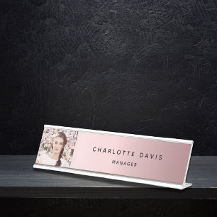 Porte-nom Pour Bureau Photo personnalisée en métal rose monogramme moder