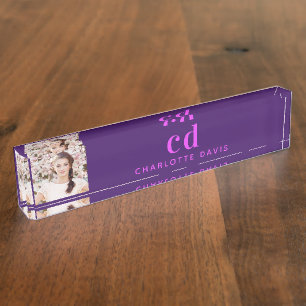 Porte-nom Pour Bureau Photo violet rose monogramme initiales élégant
